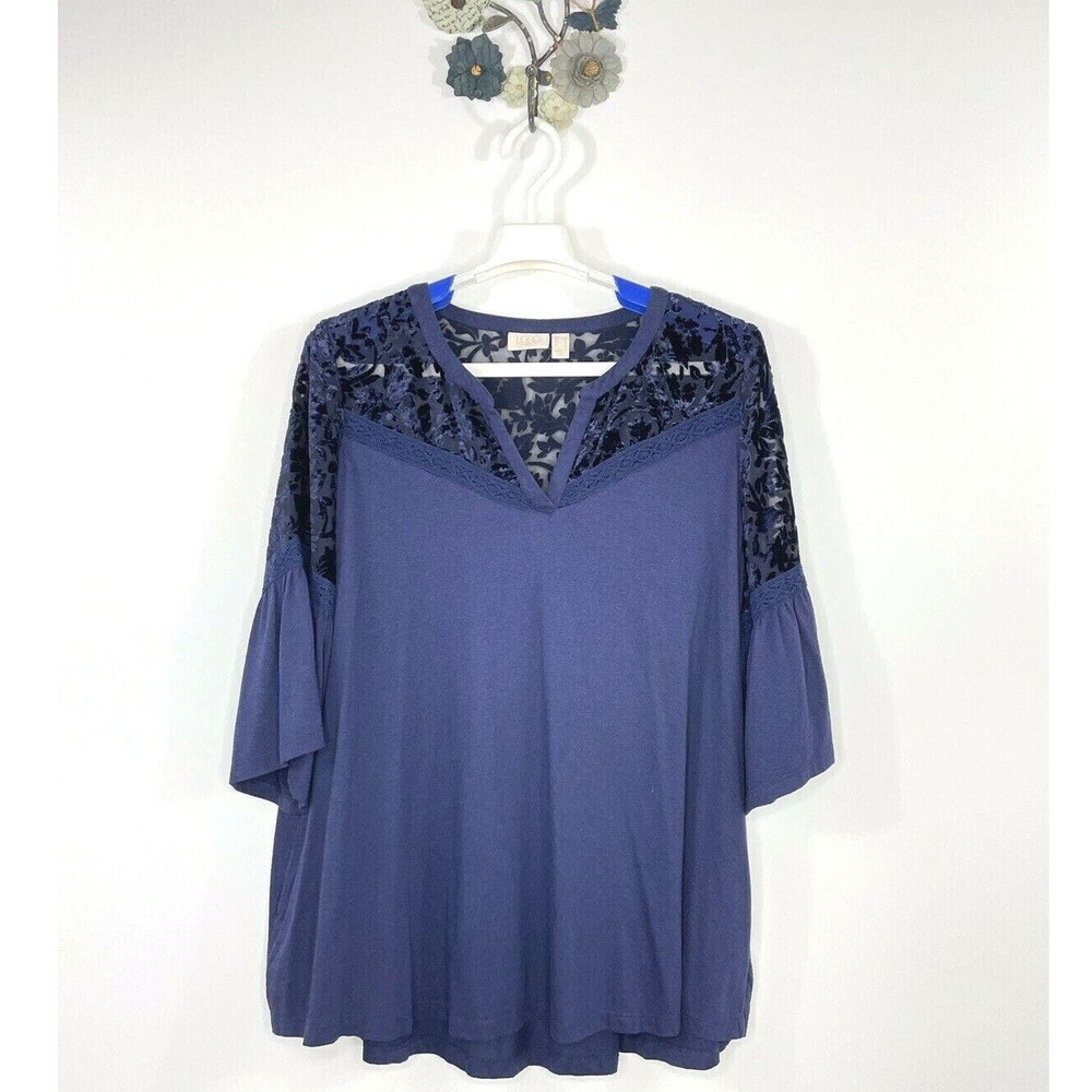 LOGO LAVISH Lori Goldstein Blue Bell Sleeve Pullover Top Velvet Burn Out Pockets